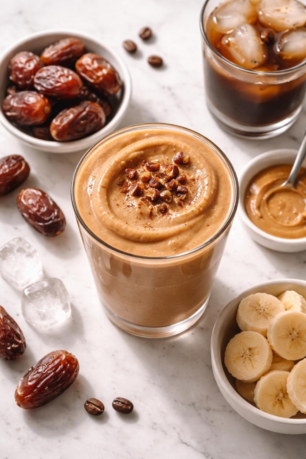 Realistic top-down editorial food photography of a caramel date coffee smoothie in a clear glass on a clean white marble countertop. The smoothie is caramel coffee brown, thick, creamy, and glossy, styled with pitted dates, cold coffee, banana slices, almond butter in a plain dish, and a few ice cubes nearby. Soft natural daylight, cozy homemade coffee smoothie styling, high detail, realistic creamy texture, no people, no hands, no text, no watermarks, no props with writing.