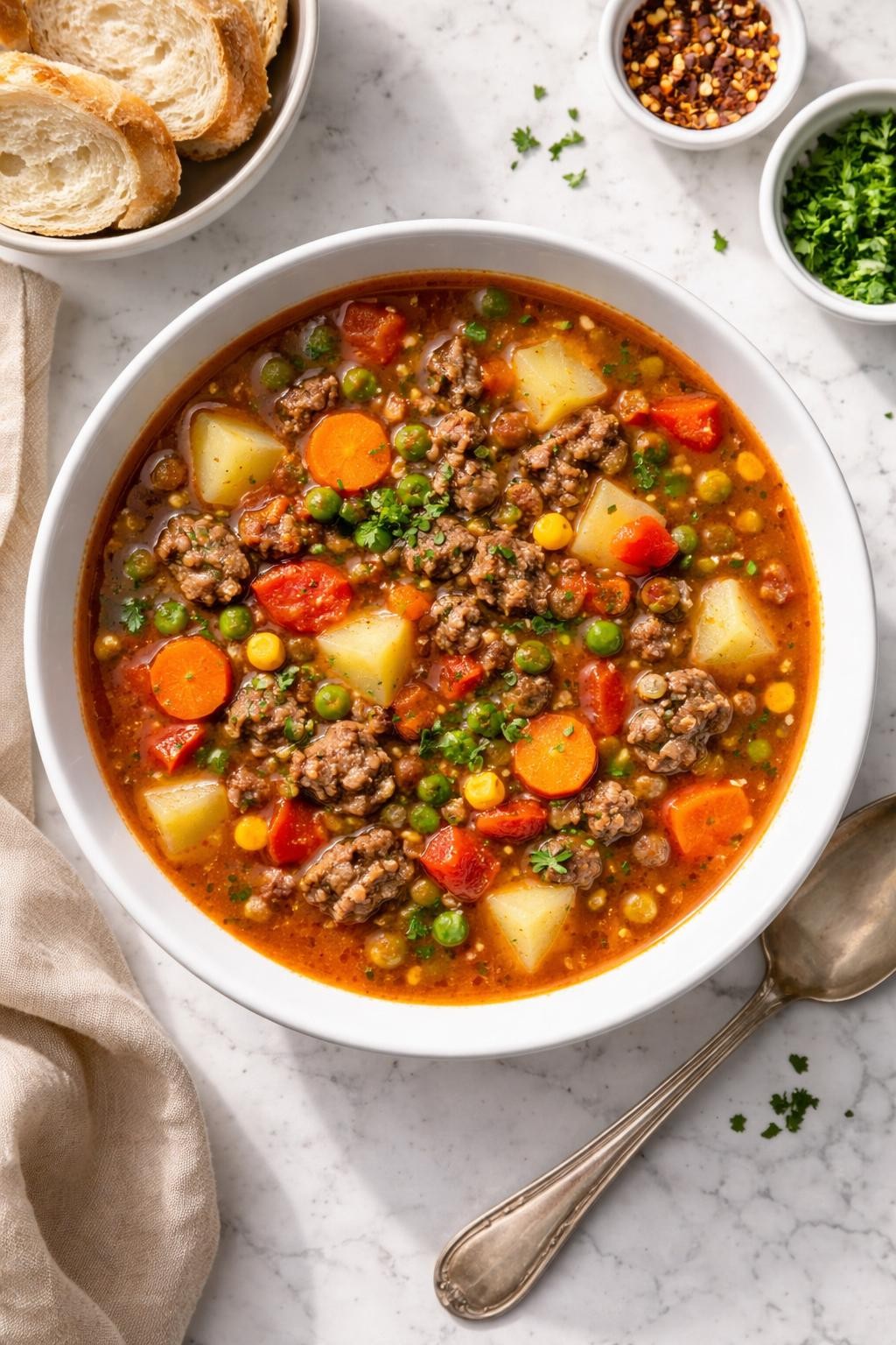 Image Prompt: Top-down realistic food photography of ground beef vegetable soup in a simple white bowl on a bright marble countertop, savory broth with browned ground beef, potatoes, carrots, corn, peas, and tomatoes, cozy homemade family dinner styling, bright natural daylight, clean editorial composition, high detail, no people, no hands, no text, no watermarks, no props with writing.