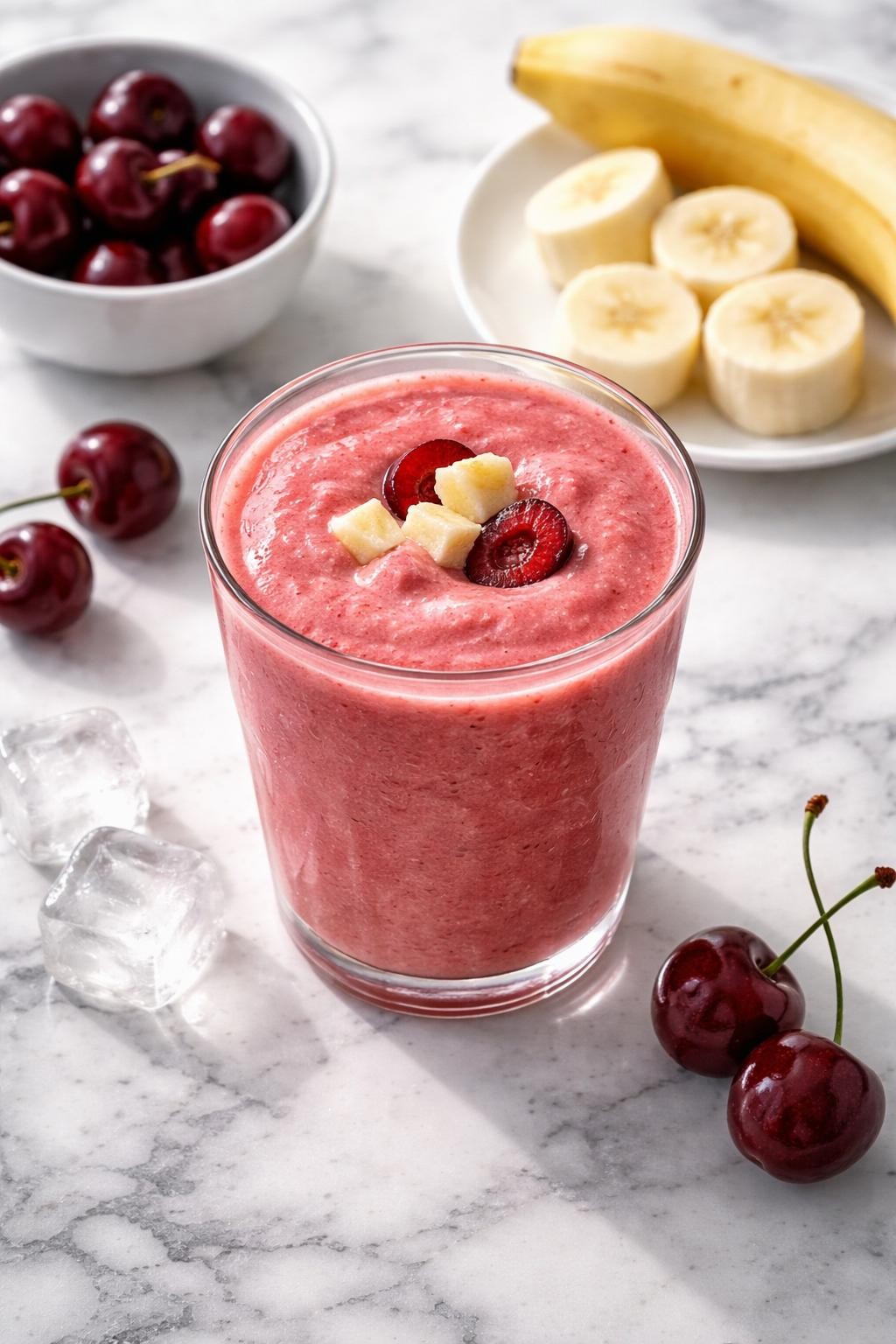 Realistic top-down editorial food photography of a creamy cherry banana smoothie served in a clear glass on a clean white and gray marble countertop. The smoothie is deep pink-red, thick, smooth, and cold-looking, with pitted cherries, banana slices, and a few ice cubes styled neatly nearby. Bright natural window lighting, soft shadows, clean breakfast smoothie styling, high detail, realistic creamy texture, no people, no hands, no text, no watermarks, no props with writing.