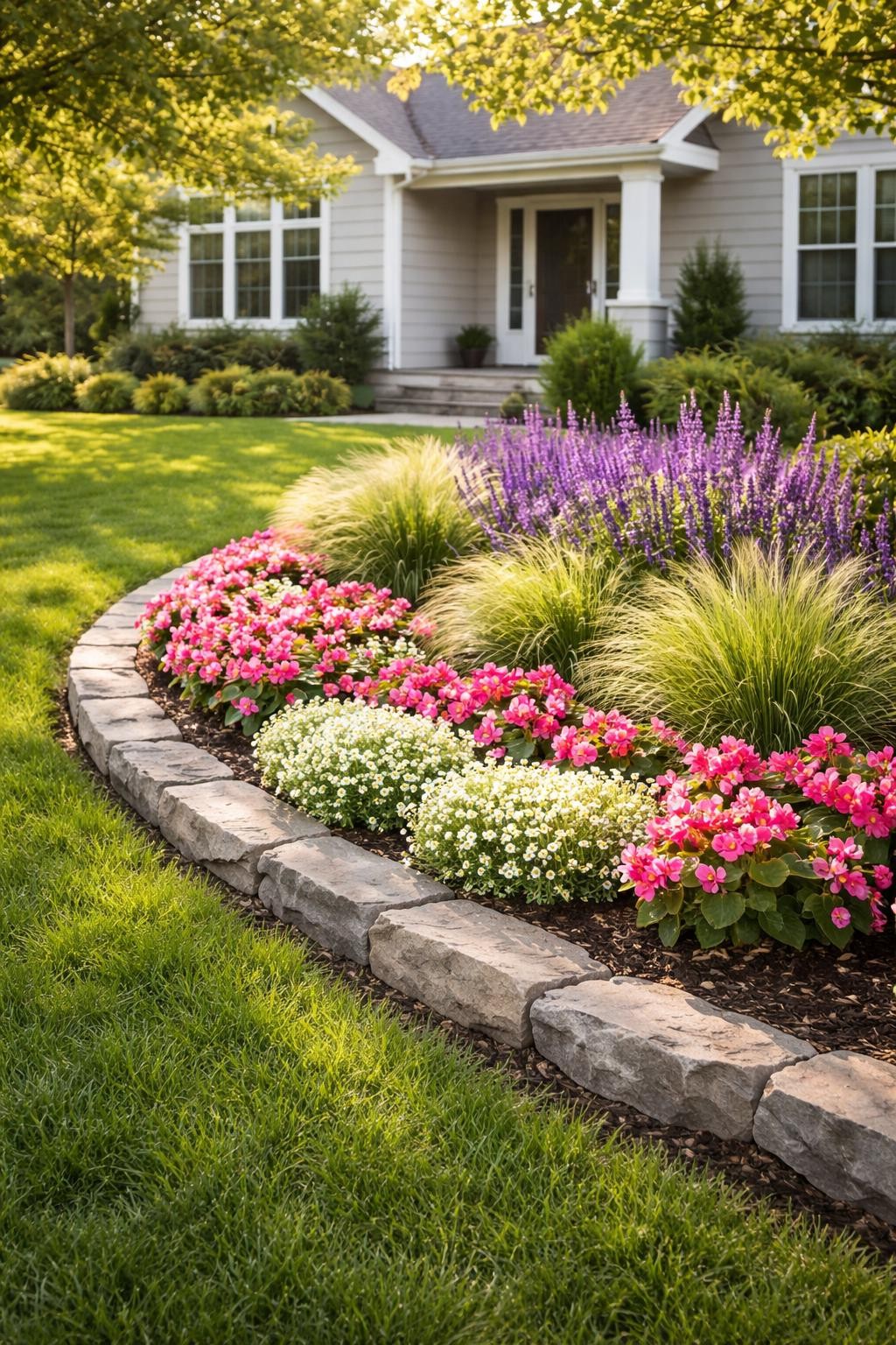 Image Prompt: A realistic small curved flower bed in a front yard beside a neat green lawn, filled with pink begonias, white alyssum, purple salvia, and soft ornamental grass, natural stone edging following the curve, tidy mulch, sunny morning light, modern cottage-style home in the background, DSLR photo quality, no people, no text, no watermark.