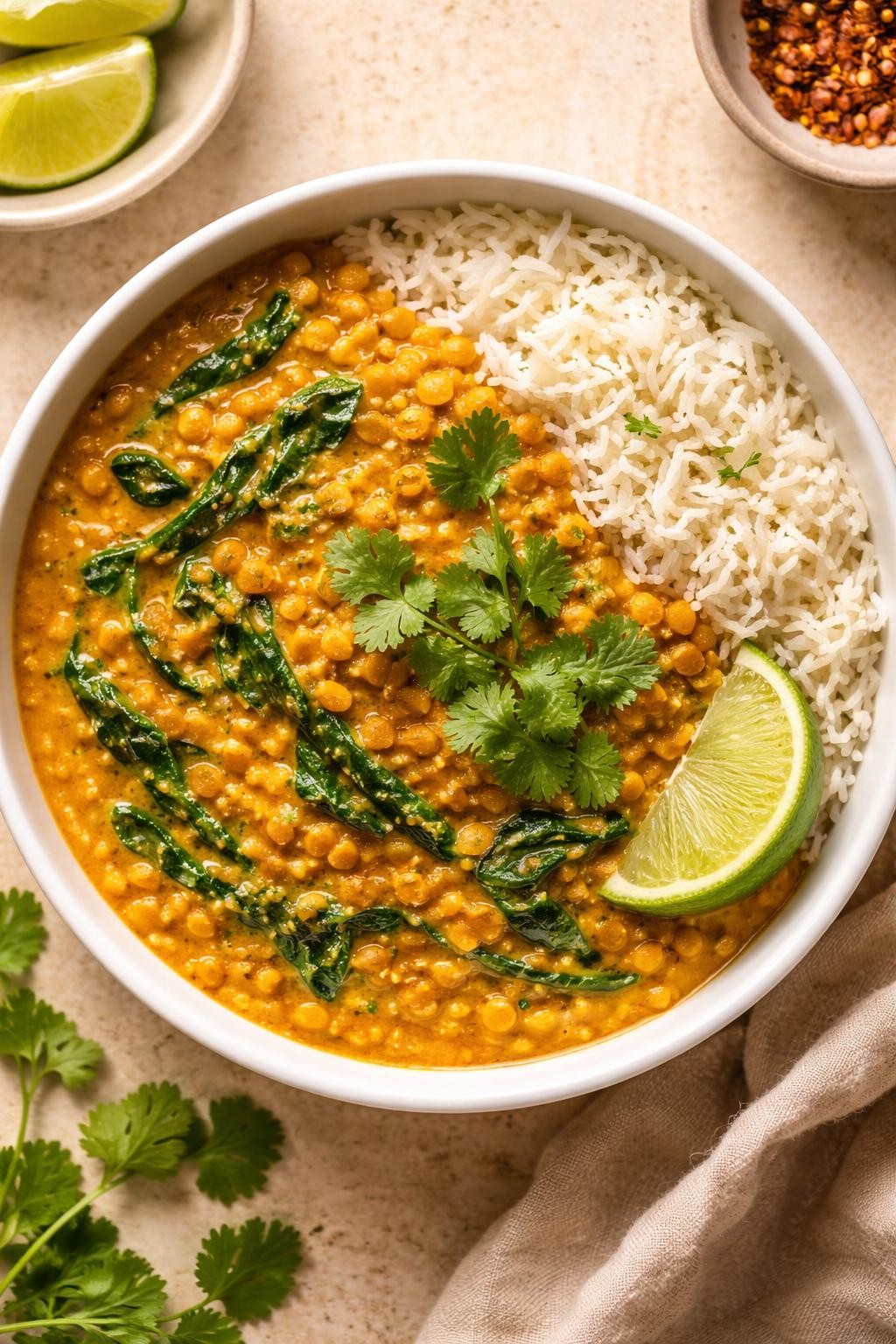 "Realistic top-down photo of a white bowl filled with red lentils simmered in a creamy coconut curry sauce, with spinach leaves wilted in, topped with fresh cilantro and a lime wedge. A side of basmati rice. Warm golden light, vegan and freezer-friendly prep, no people, no hands, no text, no watermarks."