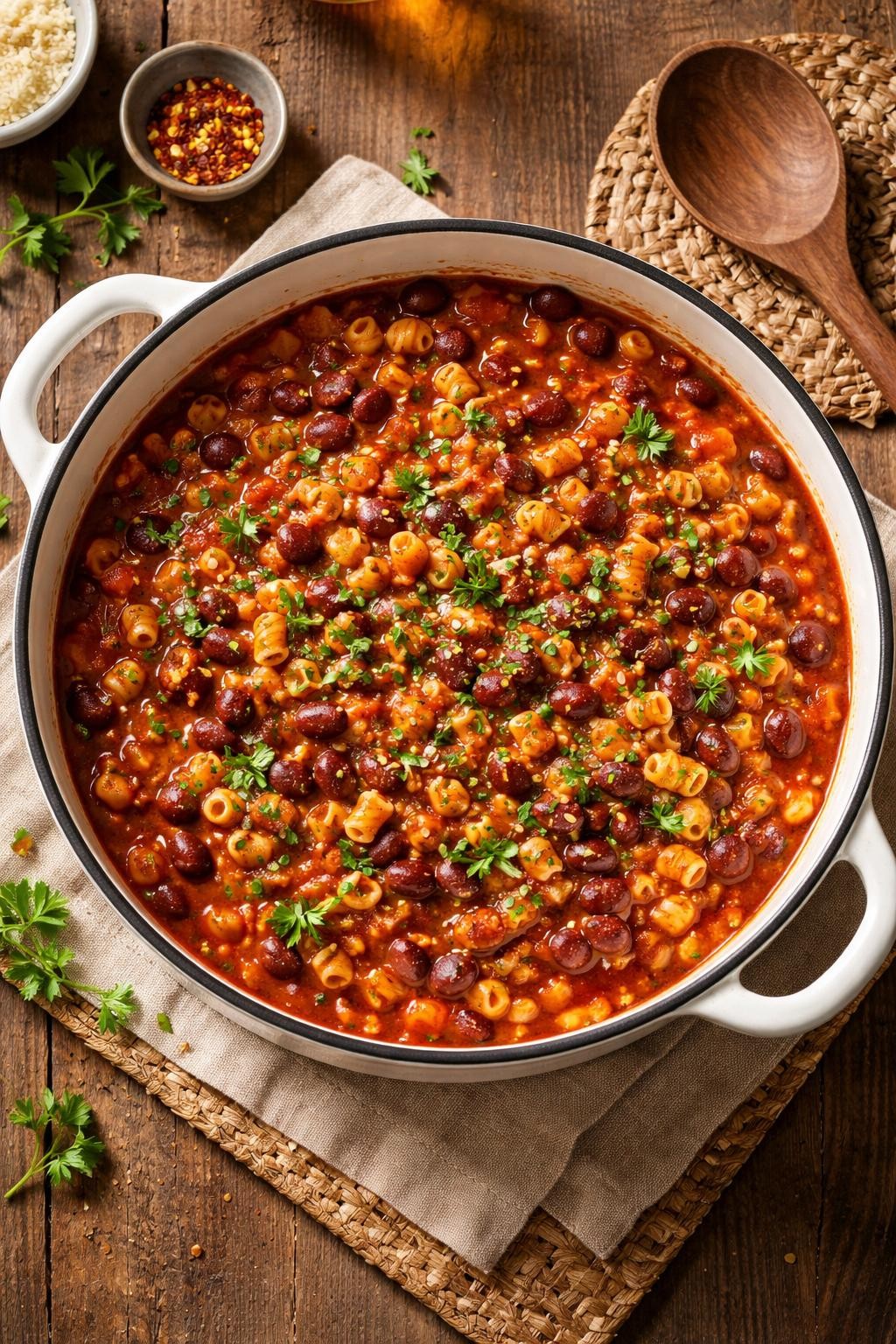 "Top-down realistic food photography of a large white pot filled with pasta and a chunky tomato-bean sauce, showing ditalini pasta, kidney beans, and bits of onion and garlic in a red sauce. Fresh parsley sprinkled on top. A wooden spoon resting on a trivet next to the pot. Warm kitchen light, rustic and filling family dinner, no people, no hands, no text, no watermarks."