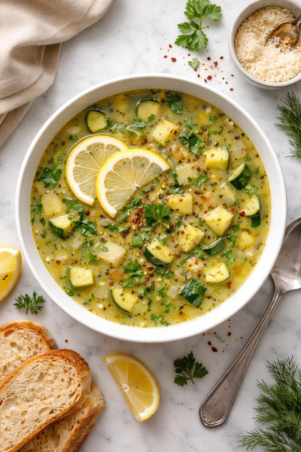 An overheard picture view of a plate of Lemon Herb Zucchini Soup sitting on a marble countertop table in the kitchen, professional food photography style.