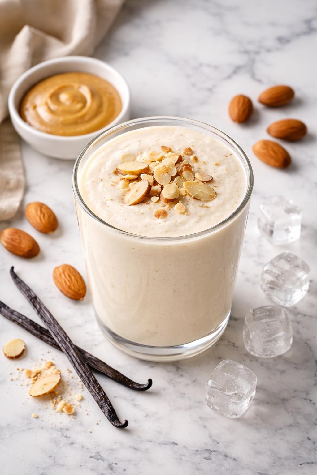 Realistic top-down editorial food photography of a creamy keto vanilla almond smoothie served in a clear glass on a clean white and gray marble countertop. The smoothie is pale cream, thick, and smooth, styled with almonds, almond butter in a plain small dish, vanilla bean pieces, and ice cubes nearby. Soft natural window lighting, clean cozy breakfast styling, realistic creamy texture, high detail, no people, no hands, no text, no watermarks, no props with writing.