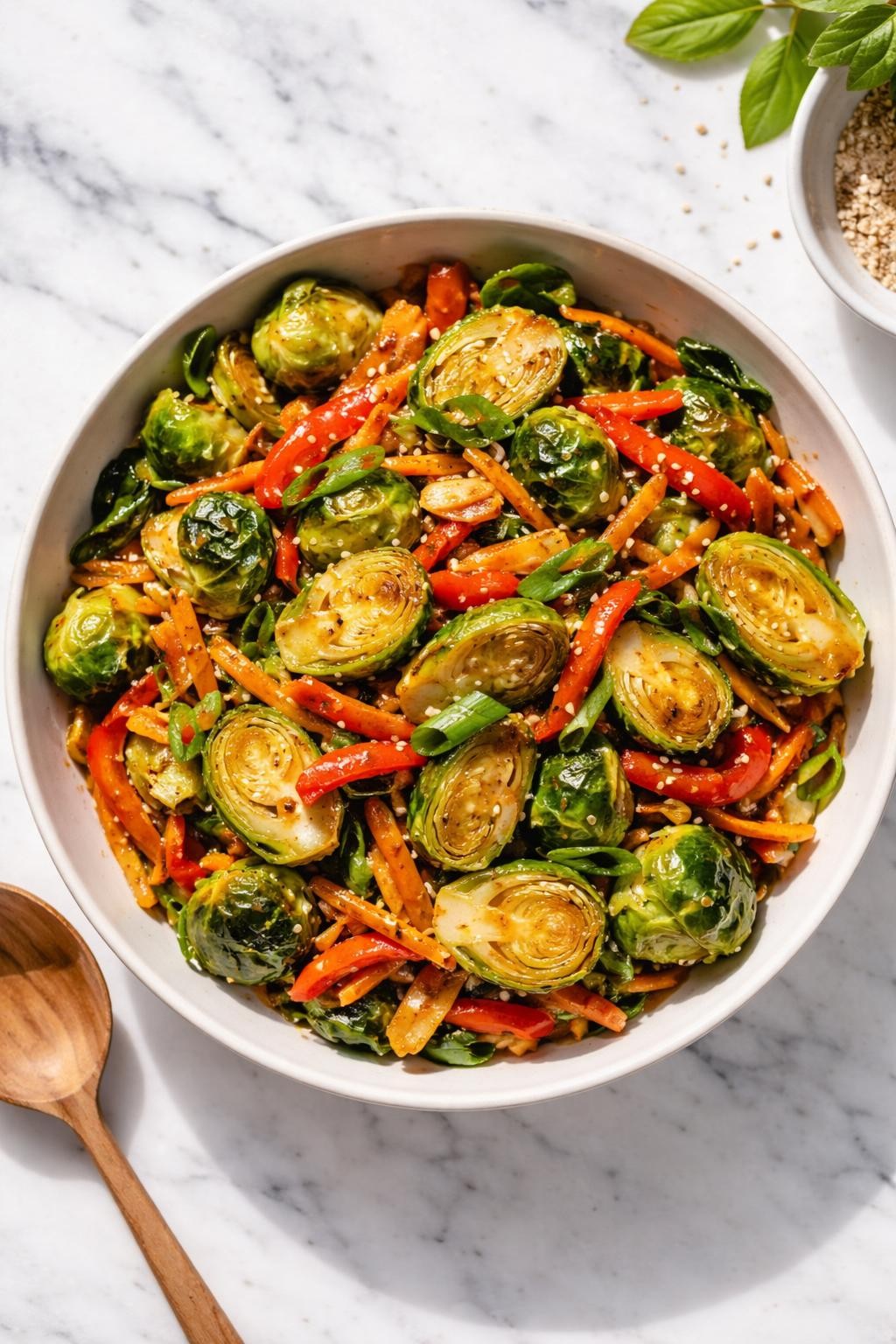 Image Prompt: Top-down realistic editorial food photography of a homemade vegan Brussels sprout stir-fry on a clean white marble countertop, sliced Brussels sprouts stir-fried with carrots, peppers, and soy-based sauce in a simple bowl, fresh quick homemade dinner mood, bright natural daylight, soft shadows, clean styling, high detail, no people, no hands, no text, no watermarks, no props with writing.