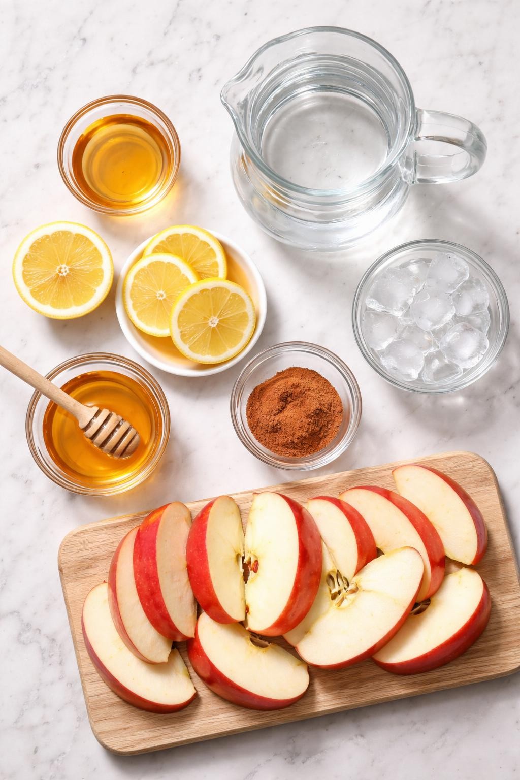 Prompt: A realistic top-down flat lay food photography shot of all ingredients for an apple vinegar detox drink arranged neatly on a countertop marble table: apple cider vinegar in a small clear glass bowl, fresh lemon halves and lemon rounds, honey in a small clear bowl, ground cinnamon in a small clear bowl, fresh apple slices, cold water in a clear glass pitcher, and ice cubes in a small clear bowl. Clean natural lighting, fresh simple drink styling, neat composition, no people, no hands, no text, no watermarks, no props with writing.