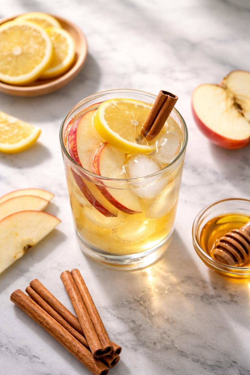 Prompt: A realistic top-down editorial food photography shot of a refreshing apple cider vinegar detox drink served in a clear glass filled with pale golden lemon apple cider vinegar water, ice cubes, a thin lemon round, a cinnamon stick, and a few thin apple slices. The glass is sitting on a countertop marble table with soft natural morning light, extra lemon slices, apple slices, cinnamon sticks, and a small clear bowl of honey arranged neatly nearby, clean fresh wellness drink mood, no people, no hands, no text, no watermarks, no props with writing.