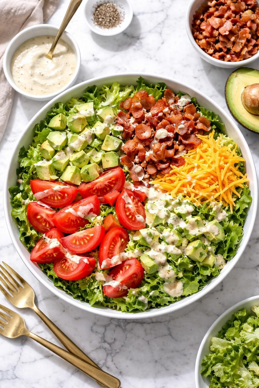 Image Prompt: Realistic top-down editorial food photography of a keto BLT salad on a white marble countertop, with chopped romaine, crispy bacon, tomato wedges, avocado, shredded cheddar, and creamy dressing, hearty fresh homemade salad mood, bright natural daylight, soft shadows, clean editorial composition, high detail, realistic texture, no people, no hands, no text, no watermarks, no props with writing.