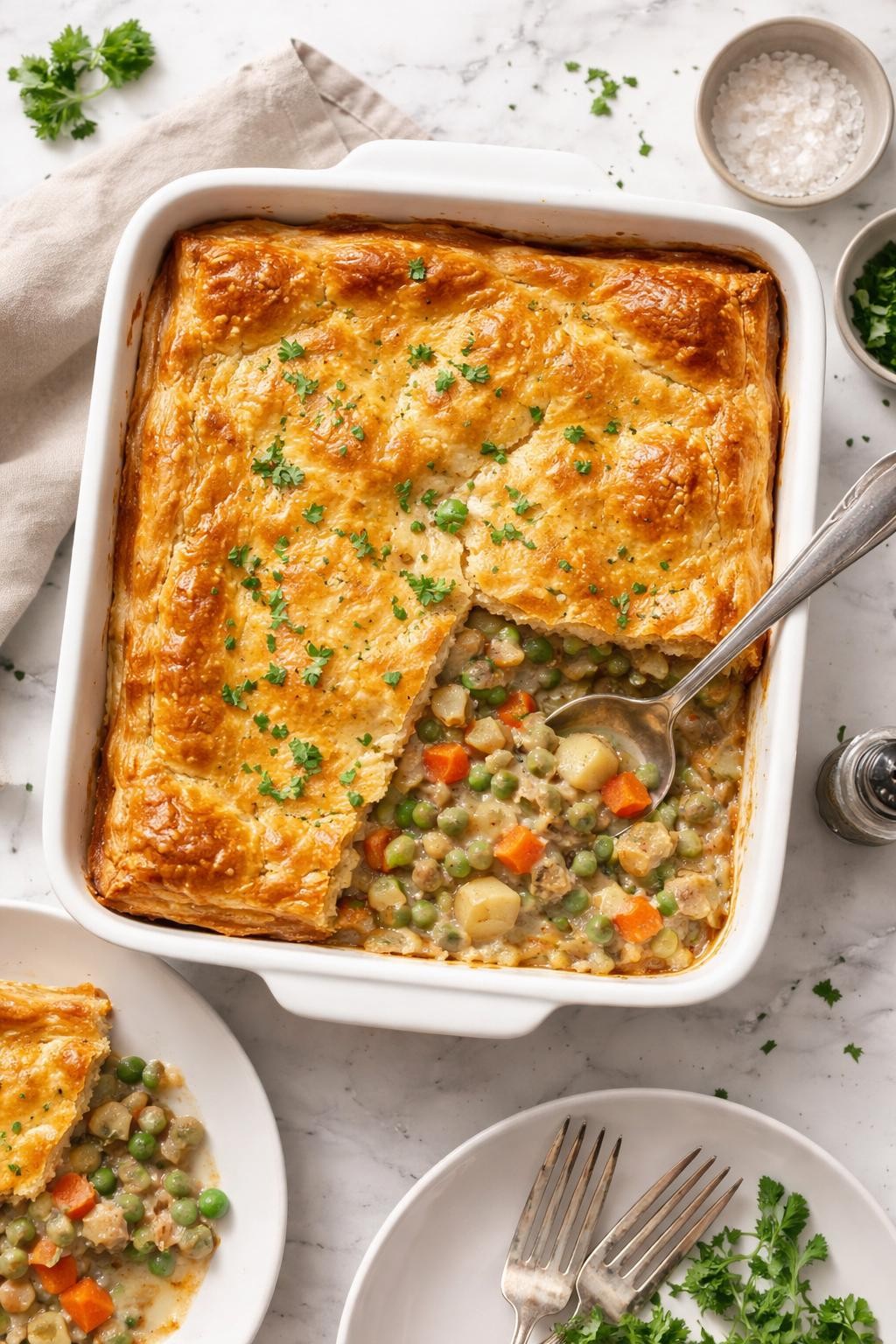 Image Prompt: Top-down realistic food photography of vegan pot pie in a white baking dish on a bright white marble countertop, golden flaky crust over a creamy vegetable filling with carrots, peas, potatoes, and mushrooms, cozy homemade Thanksgiving main dish styling, bright natural daylight, clean editorial composition, high detail, no people, no hands, no text, no watermarks, no props with writing.