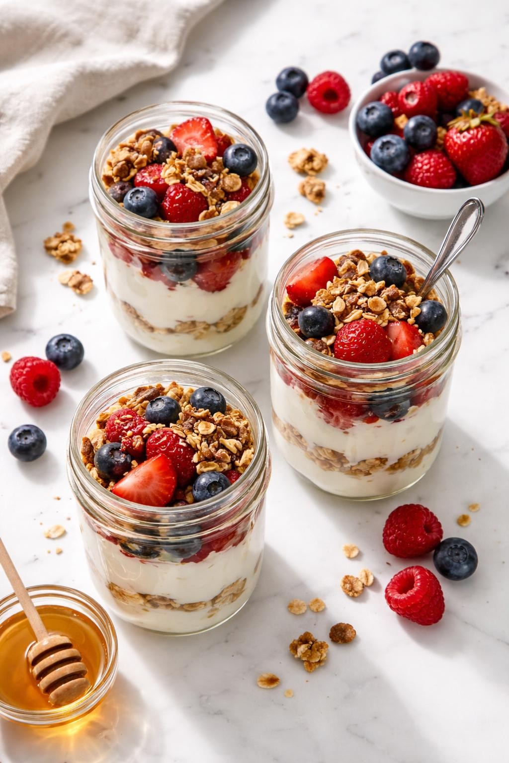 "Realistic top-down food photography of three glass mason jars filled with Greek yogurt parfaits on a white countertop. Each jar has layers: vanilla Greek yogurt, mixed berries, granola, and a drizzle of honey. A spoon sticking out of one jar. Bright morning light, sweet and satisfying breakfast-for-lunch, no people, no hands, no text, no watermarks."