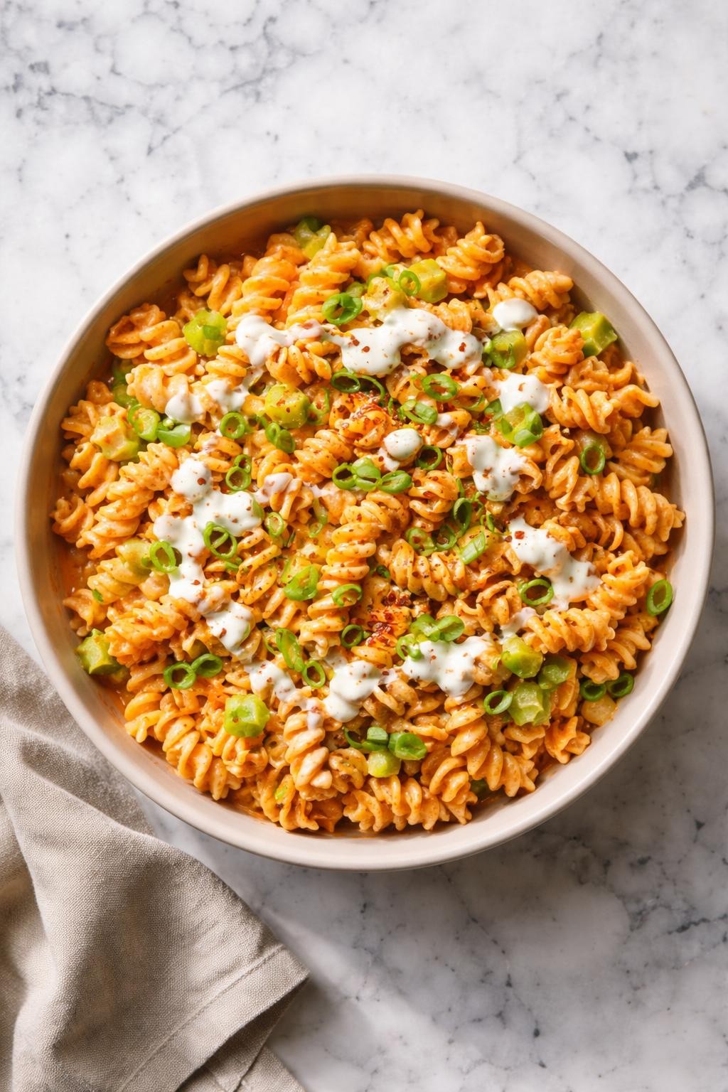 Image Prompt: Top-down realistic editorial food photography of a homemade vegan buffalo pasta salad on a clean white and gray marble countertop, pasta tossed with celery, carrots, vegan ranch, and buffalo sauce in a simple bowl, bold fresh homemade mood, natural window lighting, soft shadows, high detail, no people, no hands, no text, no watermarks, no props with writing.