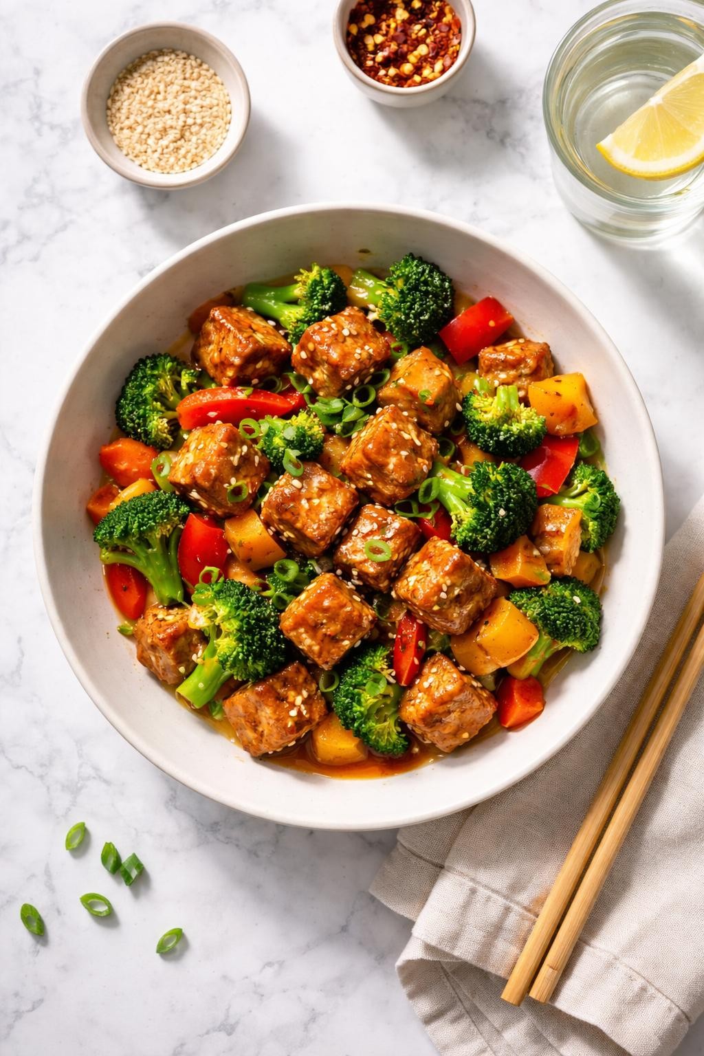 Image Prompt: Top-down realistic editorial food photography of a homemade vegan tempeh stir-fry on a clean white and gray marble countertop, browned tempeh cubes stir-fried with bell peppers, broccoli, carrots, and a glossy savory sauce in a simple bowl, warm quick homemade dinner mood, bright natural window lighting, soft shadows, clean composition, high detail, realistic food texture, no people, no hands, no text, no watermarks, no props with writing.