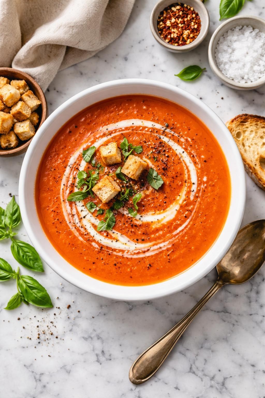 An overheard picture view of a plate of Roasted Red Pepper and Tomato Bisque sitting on a marble countertop table in the kitchen, professional food photography style.