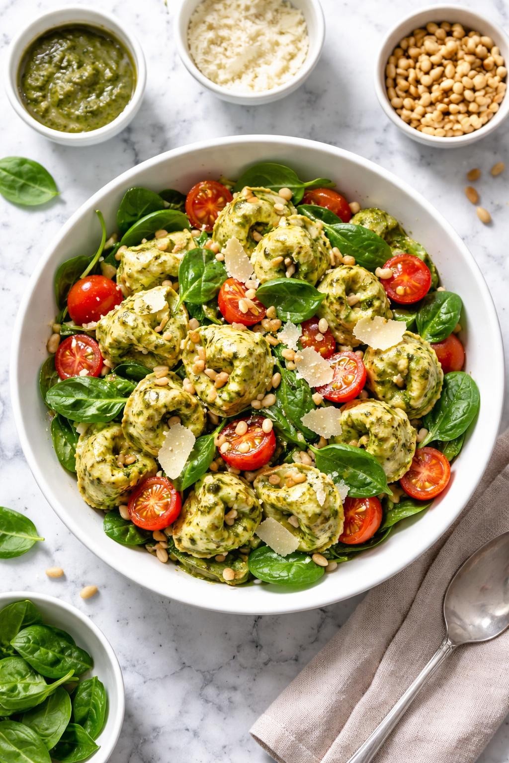 Image Prompt: Realistic top-down editorial food photography of pesto tortellini pasta salad on a clean white and gray marble countertop, cheese tortellini coated in green pesto with cherry tomatoes, baby spinach, parmesan shavings, and toasted pine nuts in a white bowl, fresh homemade styling, bright natural window lighting, soft shadows, no people, no hands, no text, no watermarks, no props with writing.