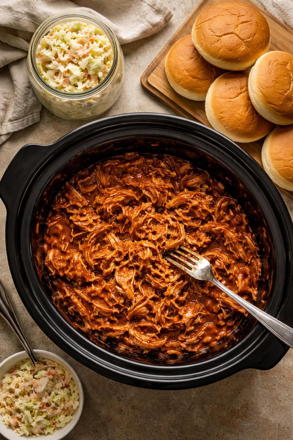 "Top-down realistic shot of a slow cooker filled with shredded pulled pork in BBQ sauce, a fork shredding the meat. A jar of coleslaw and a stack of buns next to it. Soft kitchen light, set-it-and-forget-it Sunday prep, no people, no hands, no text, no watermarks."