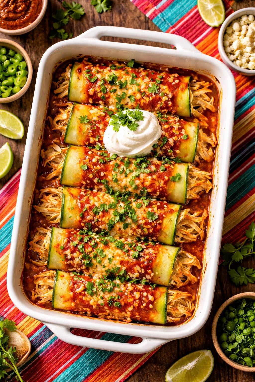 "Realistic top-down food photography of a baking dish filled with enchiladas on a colorful tablecloth. The enchiladas are made with zucchini slices wrapped around shredded chicken and cheese, topped with red enchilada sauce and melted cheese. Fresh cilantro and a dollop of sour cream. Warm Tex-Mex lighting, low-carb enchilada fix, no people, no hands, no text, no watermarks."