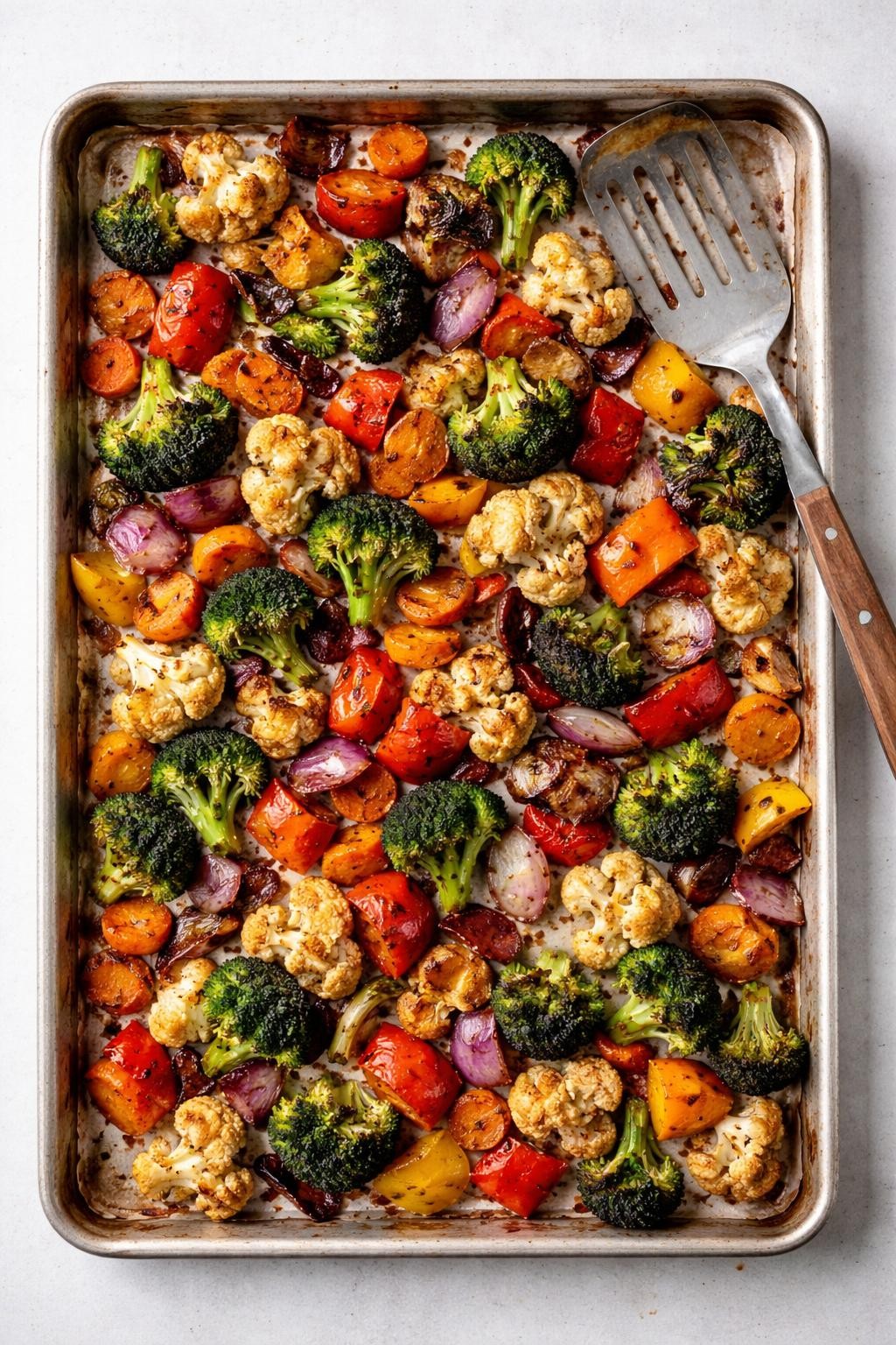"Overhead realistic photo of a large sheet pan filled with roasted vegetables: broccoli, cauliflower, carrots, bell peppers, and red onion chunks, all caramelized and golden-brown. A spatula next to the pan. Bright natural light, versatile veggie prep, no people, no hands, no text, no watermarks."