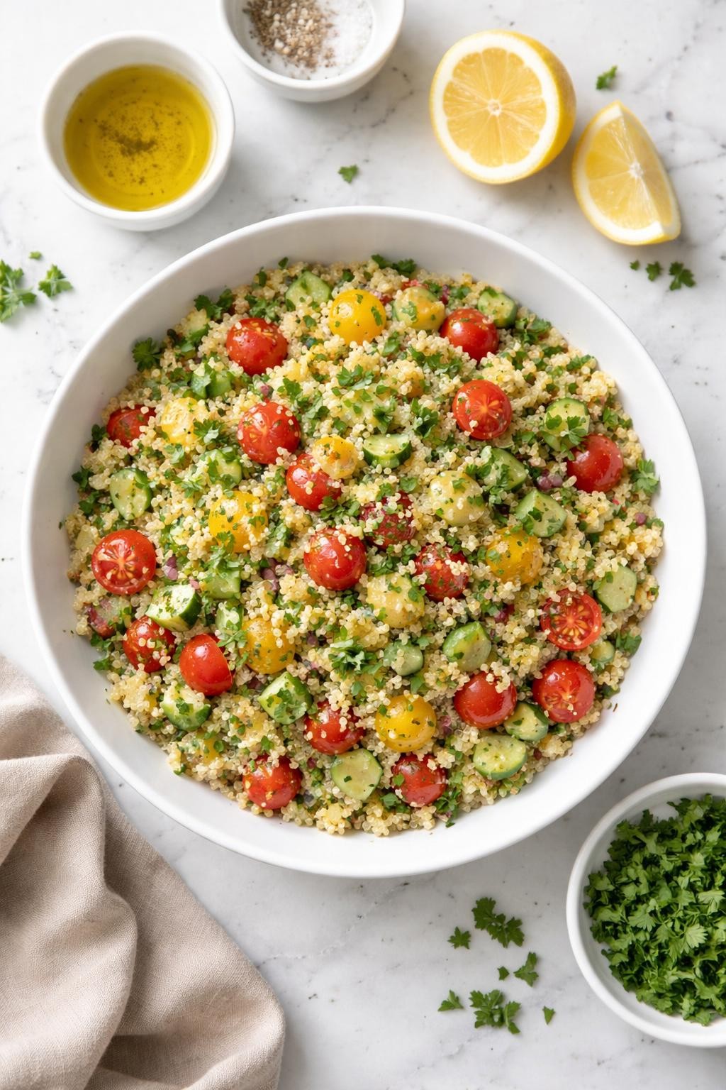 Image Prompt: Top-down realistic food photography of lemon herb quinoa salad in a simple white bowl on a clean white marble countertop, fluffy quinoa mixed with cucumber, cherry tomatoes, parsley, and a light lemon dressing, fresh homemade vegan lunch styling, bright natural daylight, clean editorial composition, high detail, realistic food texture, no people, no hands, no text, no watermarks, no props with writing.
