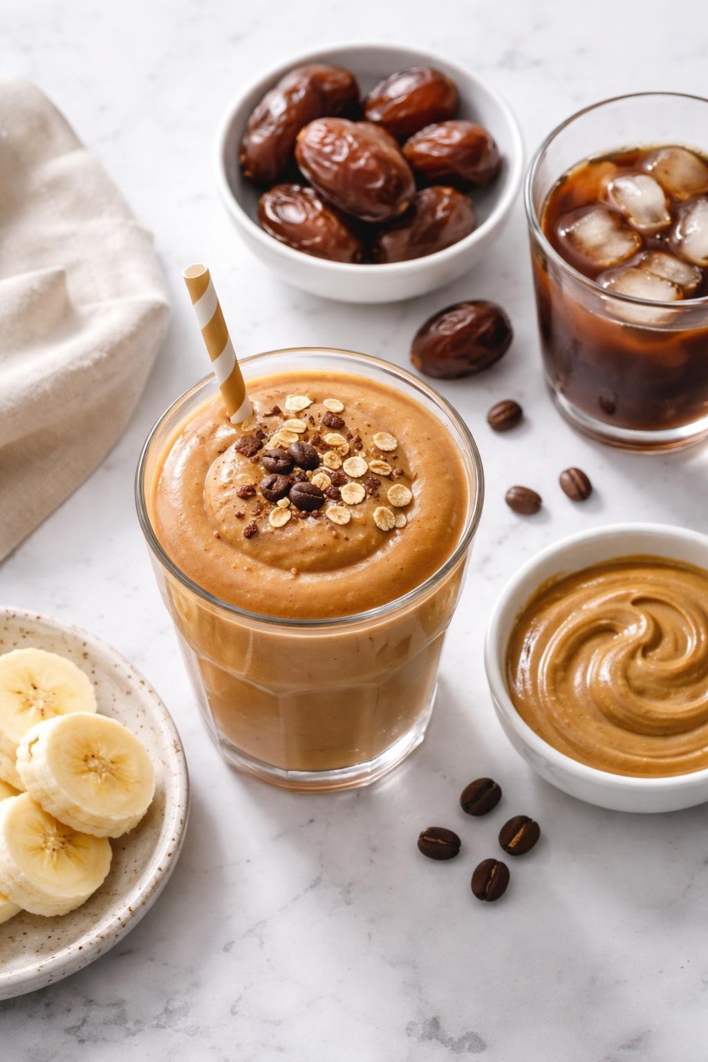 Realistic top-down editorial food photography of a coffee date smoothie served in a clear glass on a clean white marble countertop. The smoothie is caramel coffee brown, thick, creamy, and glossy, styled with cold coffee in a plain glass, pitted dates, banana slices, almond butter in a plain dish, and a few coffee beans nearby. Soft natural daylight, clean morning coffee smoothie styling, high detail, realistic creamy texture, no people, no hands, no text, no watermarks, no props with writing.