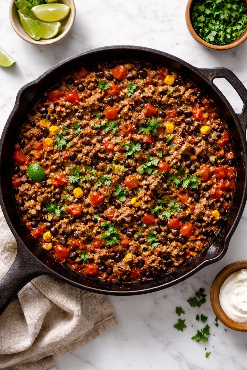 Image Prompt: Realistic top-down editorial food photography of a Mexican ground beef and bean skillet on a white marble countertop, browned ground beef cooked with black beans, tomatoes, onions, peppers, and spices in a cast iron pan, chopped cilantro on top, bright natural daylight, cozy homemade dinner mood, no people, no hands, no text, no watermarks, no props with writing.
