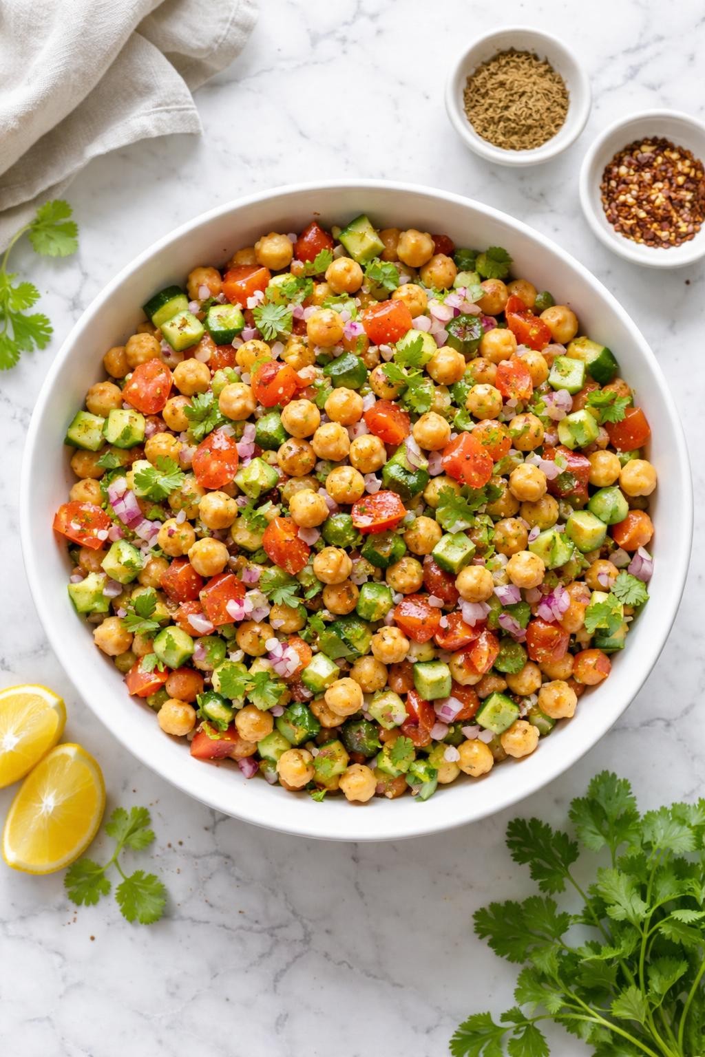 Image Prompt: Top-down realistic food photography of Indian chickpea salad in a white bowl on a clean marble countertop, chickpeas mixed with cucumber, tomato, red onion, cilantro, lemon juice, and spices, hearty homemade Indian salad styling, bright natural daylight, clean editorial composition, high detail, no people, no hands, no text, no watermarks, no props with writing.
