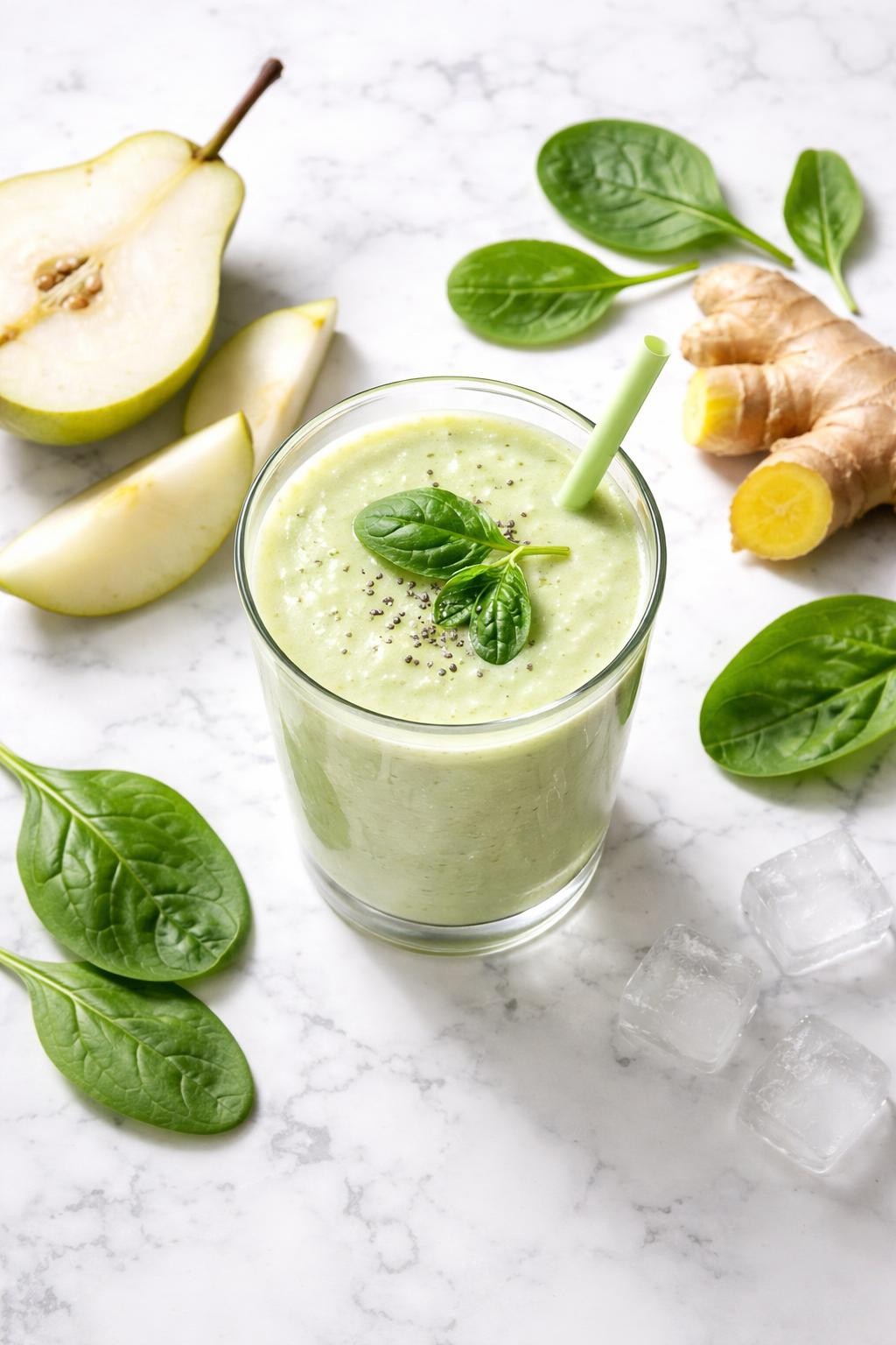 Realistic top-down editorial food photography of a pale green pear ginger smoothie in a clear glass on a clean marble countertop. The smoothie is smooth and fresh-looking, with sliced pear, a small piece of fresh ginger, spinach leaves, and a few ice cubes styled neatly around it. Soft natural window light, clean refreshing mood, realistic smoothie texture, high detail, no people, no hands, no text, no watermarks, no props with writing.
