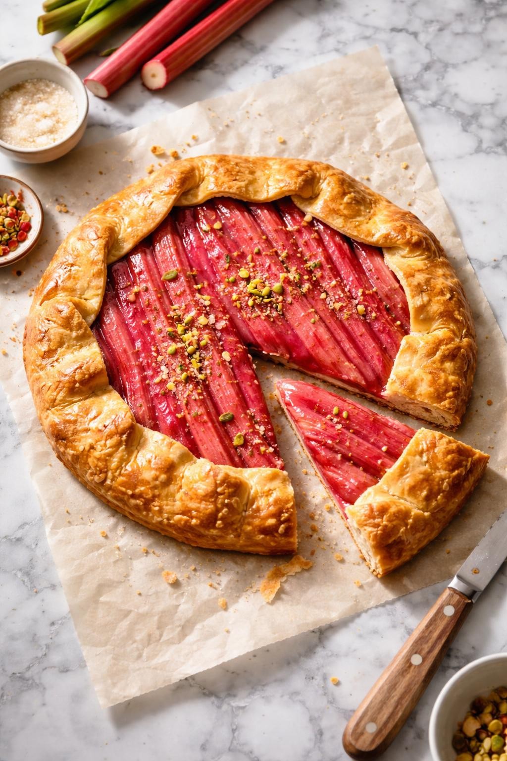 Image Prompt: Top-down realistic food photography of a rustic vegan rhubarb galette on parchment paper over a white and gray marble countertop, golden folded crust around a glossy pink rhubarb filling, one slice slightly lifted to show the flaky crust, soft natural daylight, homemade bakery mood, no people, no hands, no text, no watermarks, no props with writing.