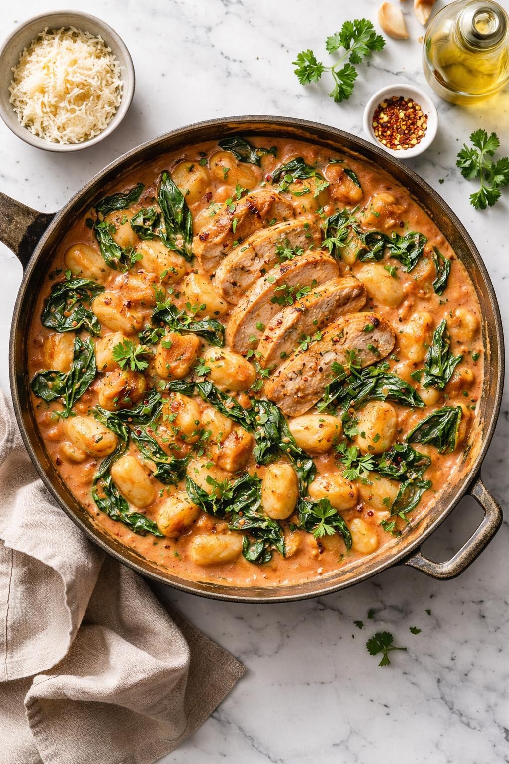 Image Prompt: Top-down realistic editorial food photography of an Italian chicken gnocchi skillet on a clean white marble countertop, soft gnocchi tossed with sliced chicken, creamy tomato sauce, spinach, and herbs in a rustic skillet, cozy homemade dinner mood, bright natural daylight, soft shadows, high detail, no people, no hands, no text, no watermarks, no props with writing.