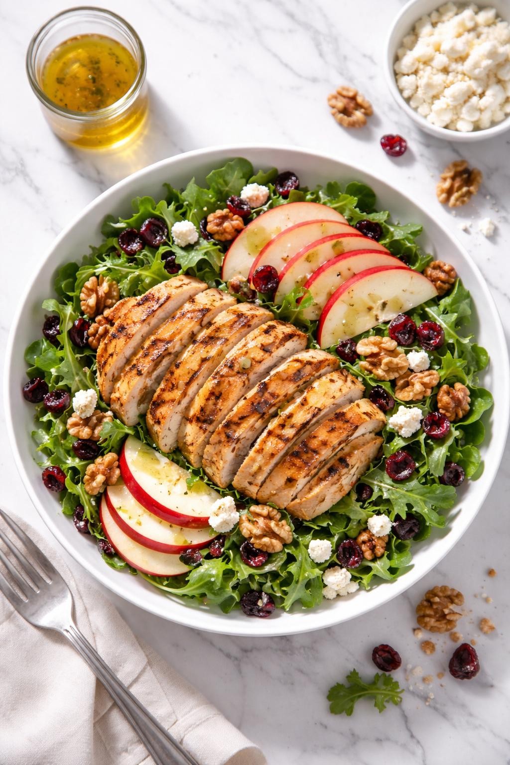 Image Prompt: Realistic top-down editorial food photography of a grilled chicken apple walnut salad in a white bowl on a white marble countertop, sliced grilled chicken over mixed greens with crisp apple slices, walnuts, dried cranberries, and crumbled goat cheese, light vinaigrette, bright natural light, soft shadows, clean editorial styling, no people, no hands, no text, no watermarks, no props with writing.