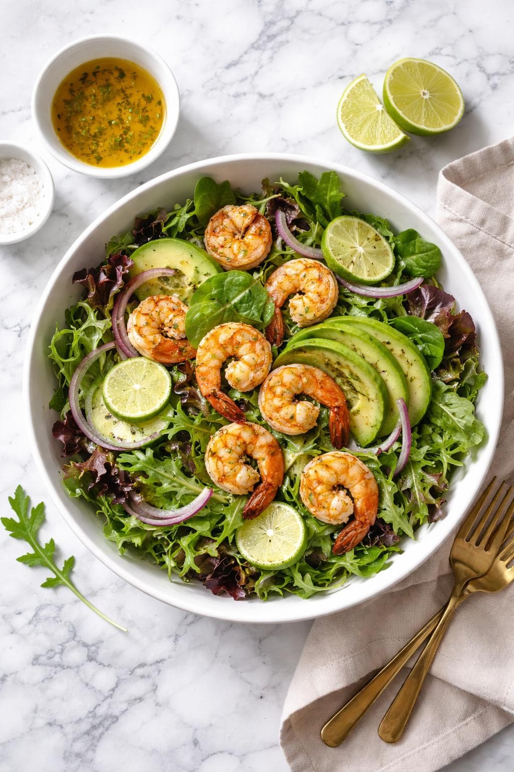 Image Prompt: Realistic top-down editorial food photography of a spring mix shrimp salad on a clean white and gray marble countertop, filled with spring mix greens, cooked shrimp, avocado, cucumber, red onion, and lime dressing, fresh homemade dinner styling, soft natural daylight, clean composition, high detail, realistic food texture, no people, no hands, no text, no watermarks, no props with writing.