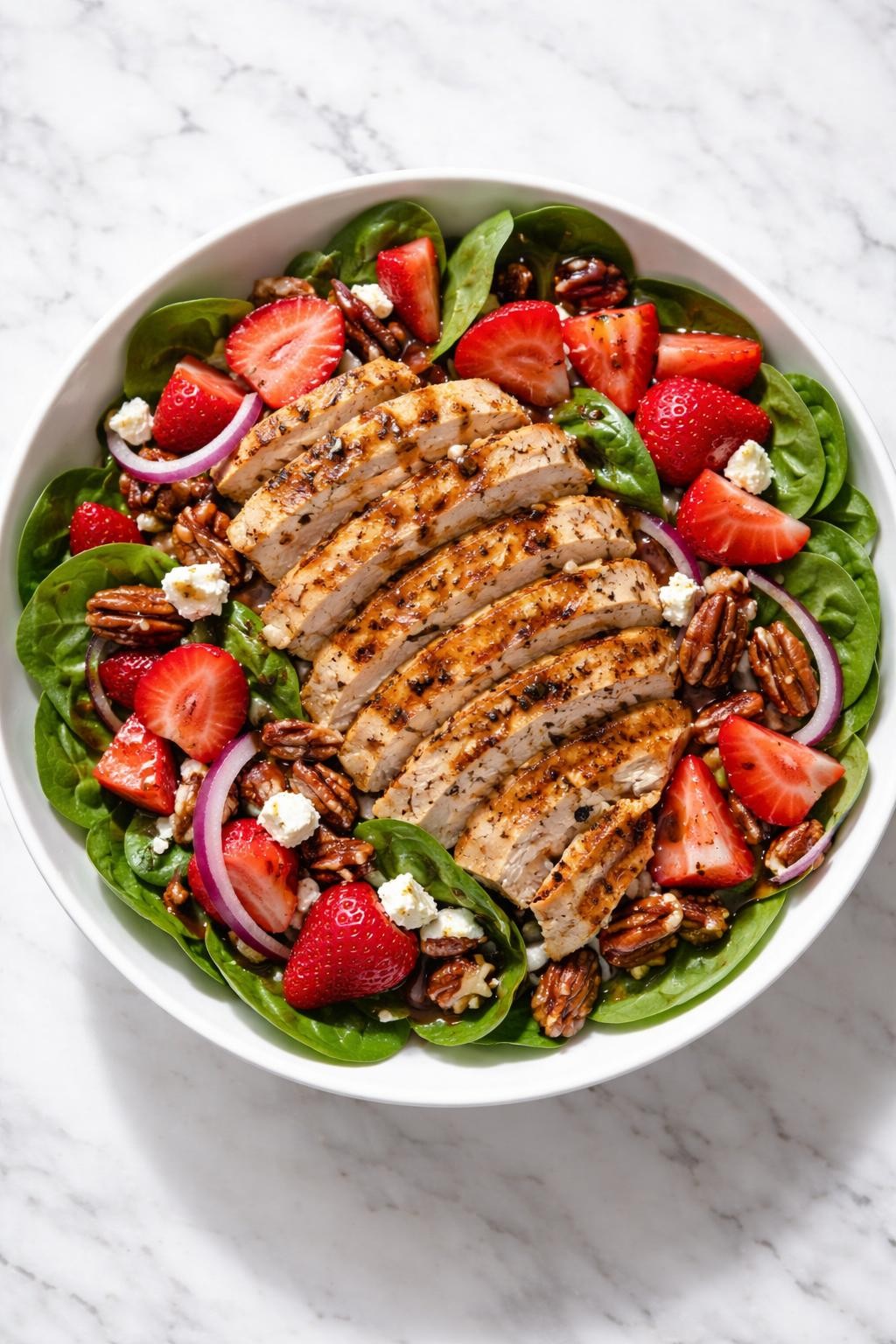 Image Prompt: Realistic top-down editorial food photography of a grilled chicken strawberry salad in a white bowl on a clean marble countertop, sliced grilled chicken over spinach with fresh strawberry slices, red onion, feta, and candied pecans, light balsamic dressing, bright natural light, fresh spring meal mood, high detail, no people, no hands, no text, no watermarks, no props with writing.