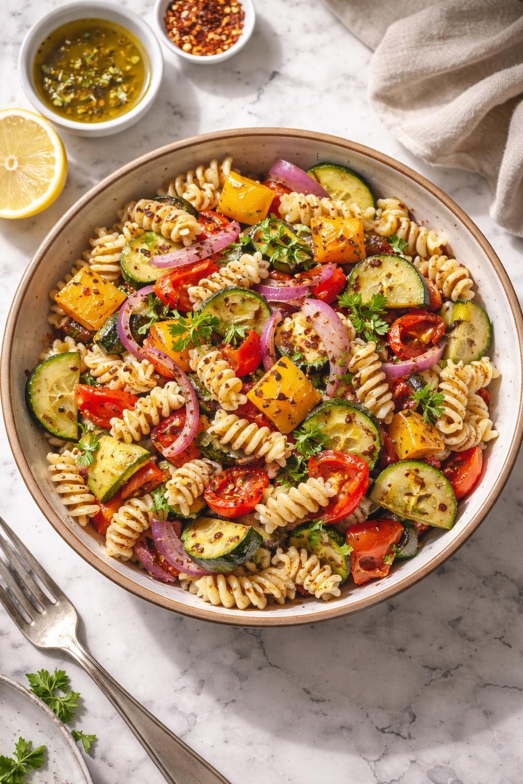 Image Prompt: Top-down realistic editorial food photography of a homemade vegan roasted vegetable pasta salad on a clean white and gray marble countertop, pasta tossed with roasted zucchini, bell peppers, red onion, and light herb dressing in a rustic bowl, warm fresh homemade mood, natural window lighting, soft shadows, high detail, no people, no hands, no text, no watermarks, no props with writing.