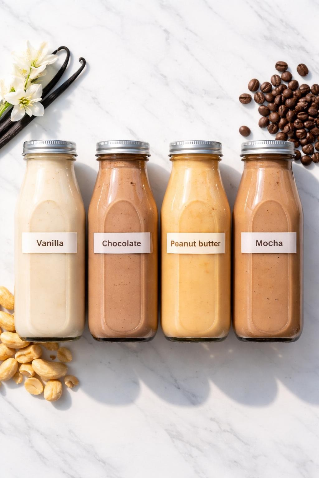 "Overhead realistic shot of four glass bottles with screw-top lids, filled with a light brown protein shake, each labeled with a different flavor: vanilla, chocolate, peanut butter, and mocha. A small pile of coffee beans next to the bottles. Bright daylight, grab-and-go liquid breakfast, no people, no hands, no text, no watermarks."