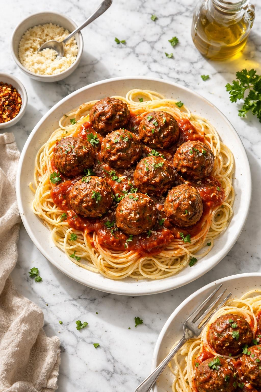 Image Prompt: Top-down realistic editorial food photography of vegan TVP meatballs with pasta on a clean white and gray marble countertop, spaghetti topped with tomato sauce and browned vegan TVP meatballs, garnished with chopped parsley, cozy homemade dinner mood, bright natural window light, soft shadows, high detail, realistic texture, no people, no hands, no text, no watermarks, no props with writing.