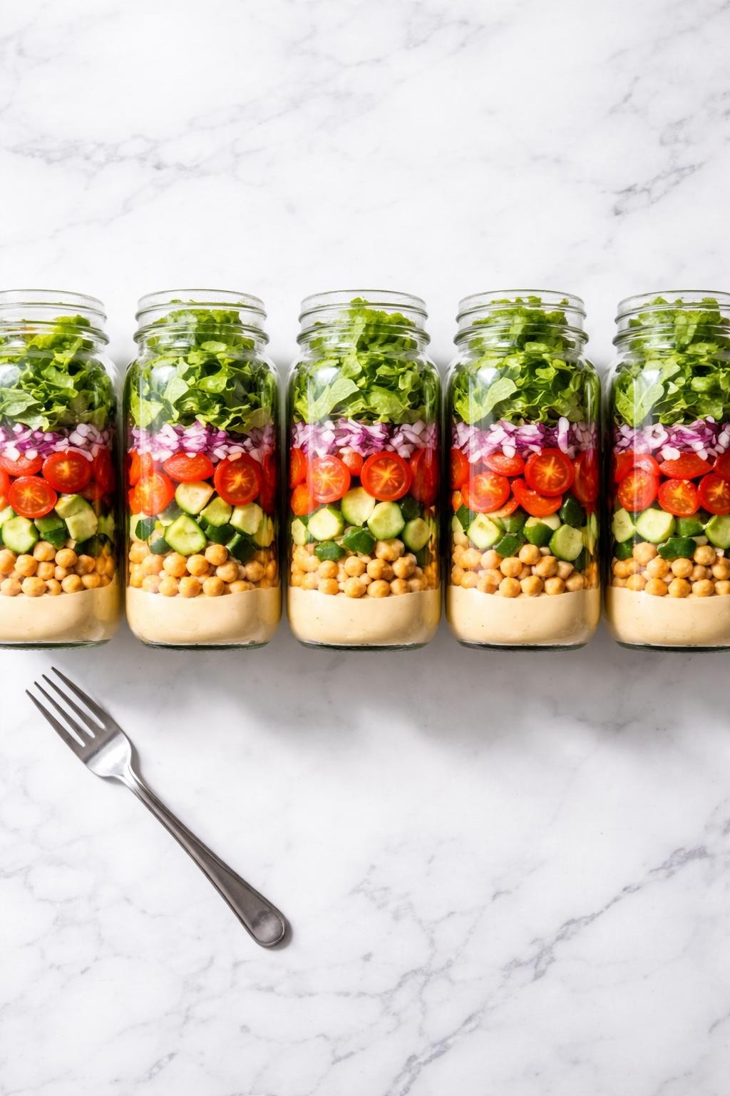 "Overhead realistic photo of five wide-mouth mason jars lined up, each layered with dressing at the bottom, then chickpeas, cucumbers, tomatoes, red onion, and lettuce on top. A fork next to the jars. Bright natural light, week-long salad prep, no people, no hands, no text, no watermarks."