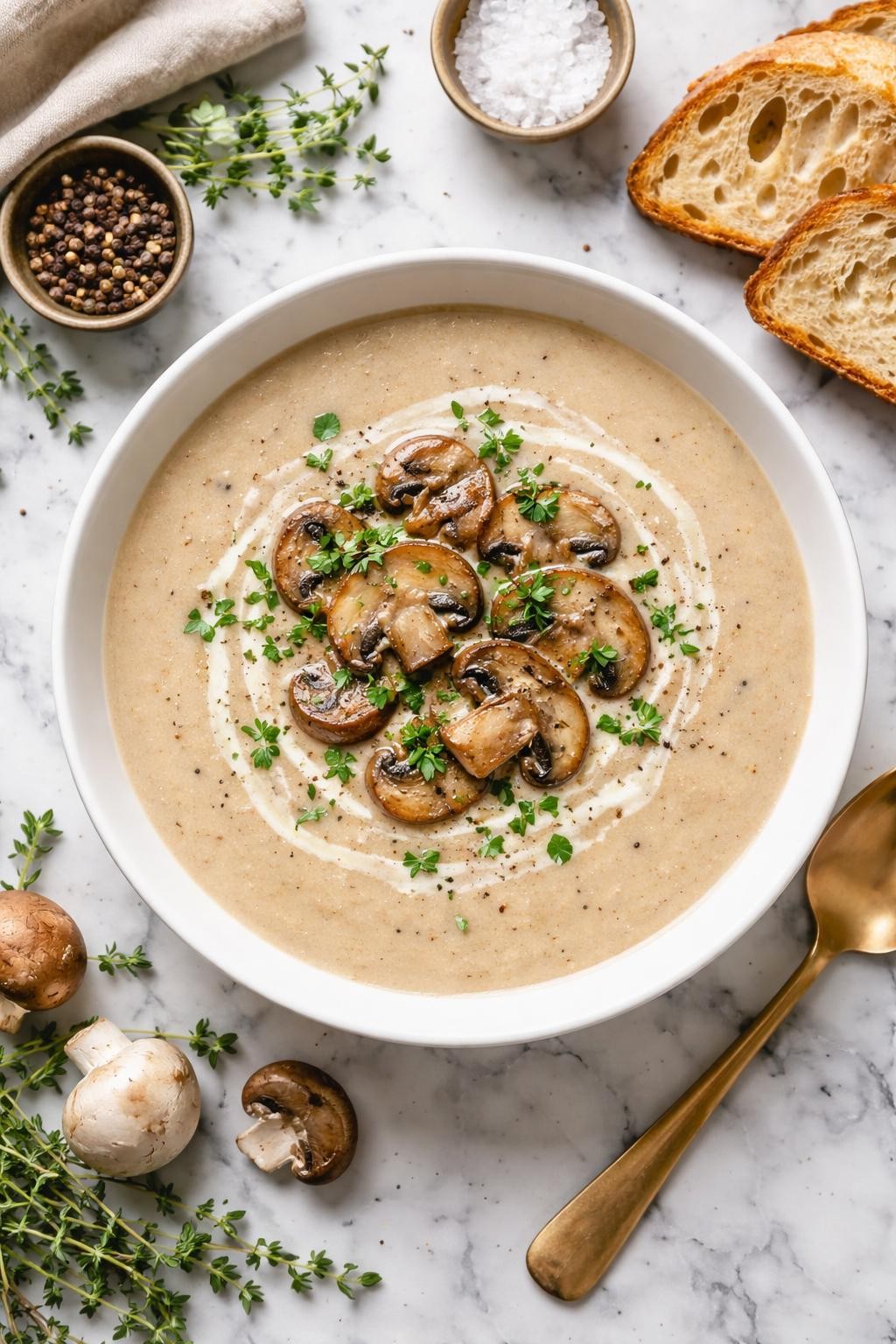 An overheard picture view of a plate of Creamy Mushroom Bisque sitting on a marble countertop table in the kitchen, professional food photography style.