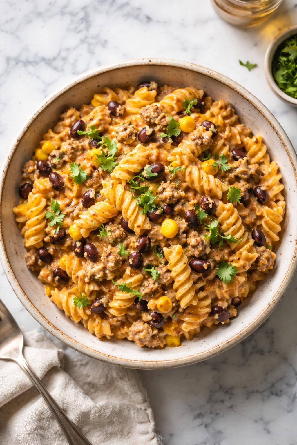 Image Prompt: Realistic top-down editorial food photography of creamy taco pasta in a rustic bowl on a clean white and gray marble countertop, pasta coated in a creamy tomato-cheese taco sauce with seasoned ground beef, black beans, corn, and chopped cilantro, warm homemade dinner styling, bright natural window lighting, soft shadows, high detail, realistic food texture, no people, no hands, no text, no watermarks, no props with writing.