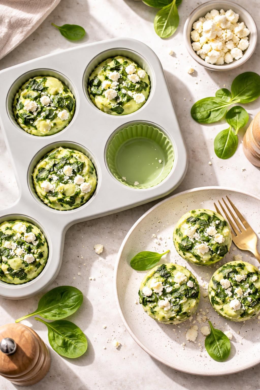 Photo prompt: Realistic top-down editorial food photography of a silicone muffin tray with six pale green egg white bites, studded with dark green spinach and white feta crumbles. A few bites removed and placed on a plate. Bright natural light, Starbucks-style low-calorie breakfast mood, no people, no hands, no text, no watermarks, no props with writing.