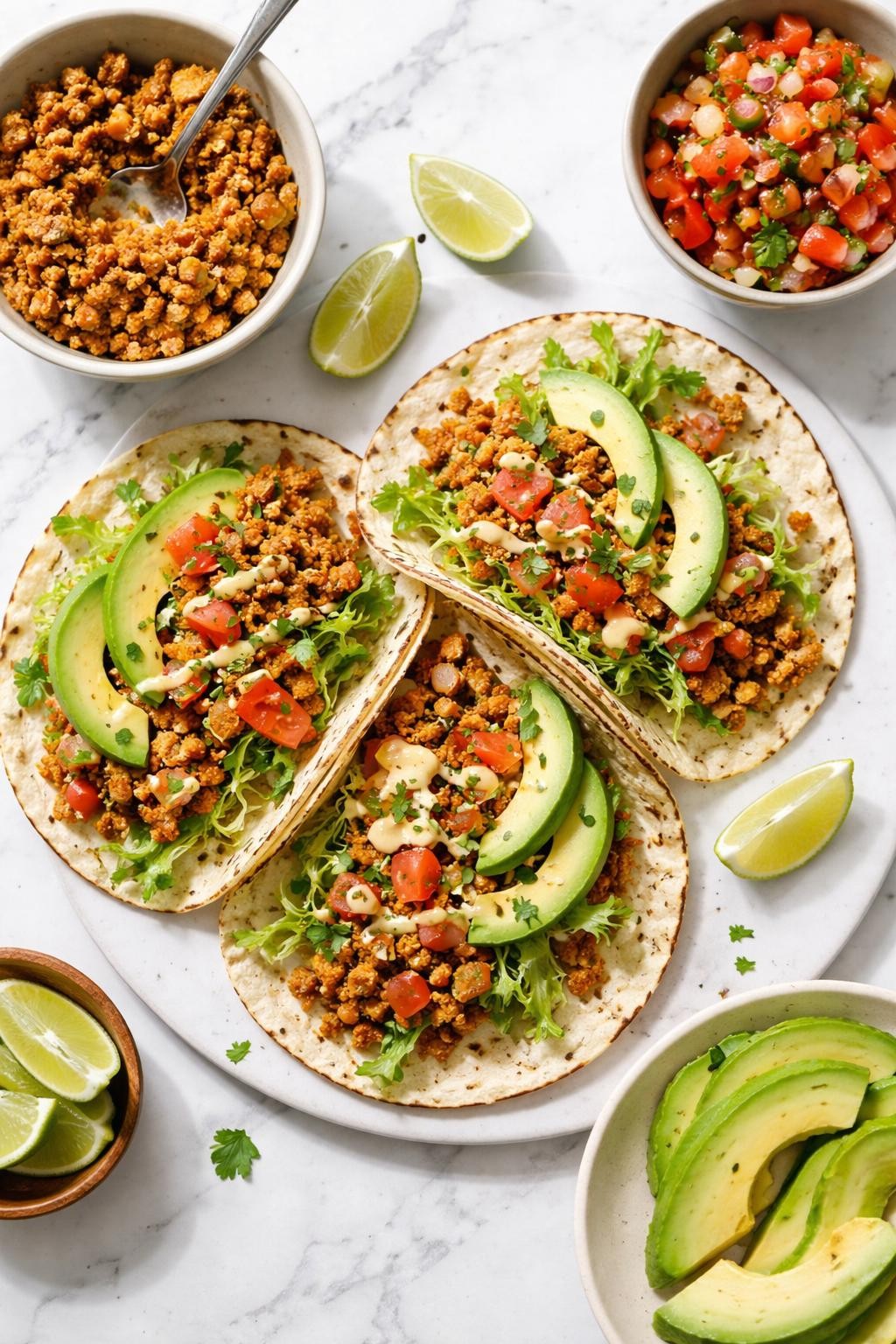Image Prompt: Top-down realistic editorial food photography of homemade vegan tempeh tacos on a clean white marble countertop, warm tortillas filled with crumbled seasoned tempeh, shredded lettuce, diced tomatoes, avocado slices, and lime wedges nearby, fresh easy homemade dinner mood, bright natural daylight, soft shadows, clean styling, high detail, no people, no hands, no text, no watermarks, no props with writing.