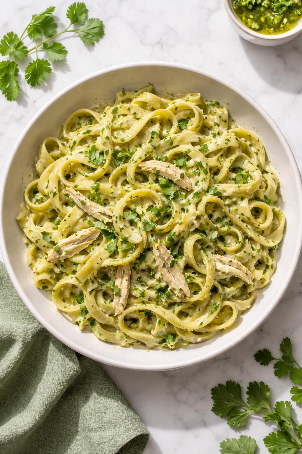 Image Prompt: Realistic top-down editorial food photography of creamy salsa verde pasta on a white marble countertop, pasta coated in a pale green creamy salsa verde sauce with shredded chicken and chopped cilantro, bright natural daylight, soft shadows, clean editorial food styling, high detail, realistic food texture, no people, no hands, no text, no watermarks, no props with writing.