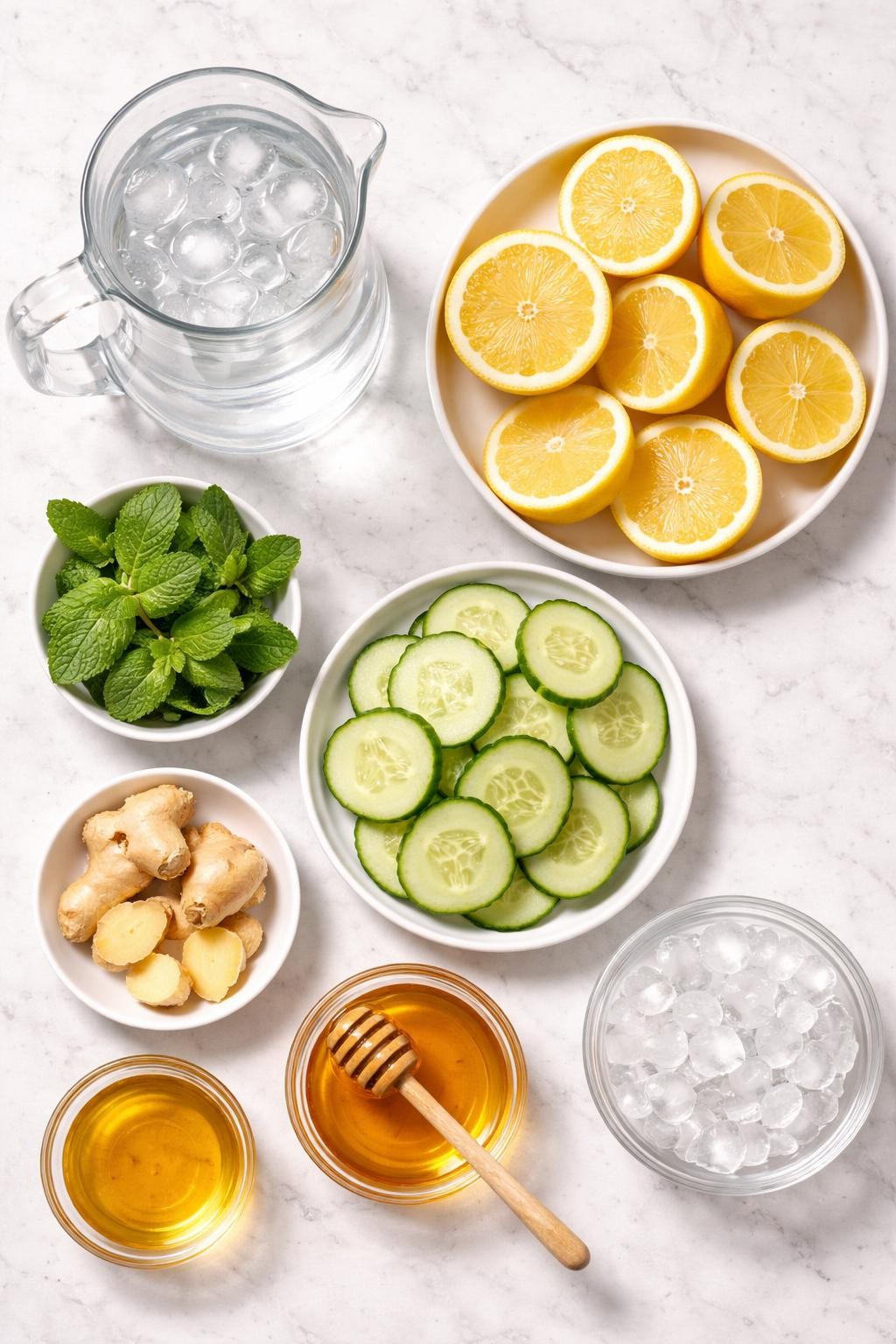 Prompt: A realistic top-down flat lay food photography shot of all ingredients for the best lemon detox drink arranged neatly on a countertop marble table: cold water in a clear glass pitcher, fresh lemon halves and lemon rounds, thin cucumber slices, peeled fresh ginger pieces, fresh mint leaves, honey in a small clear bowl, apple cider vinegar in a small clear bowl, and ice cubes in a small clear bowl. Clean natural lighting, bright citrus drink styling, neat composition, no people, no hands, no text, no watermarks, no props with writing.
