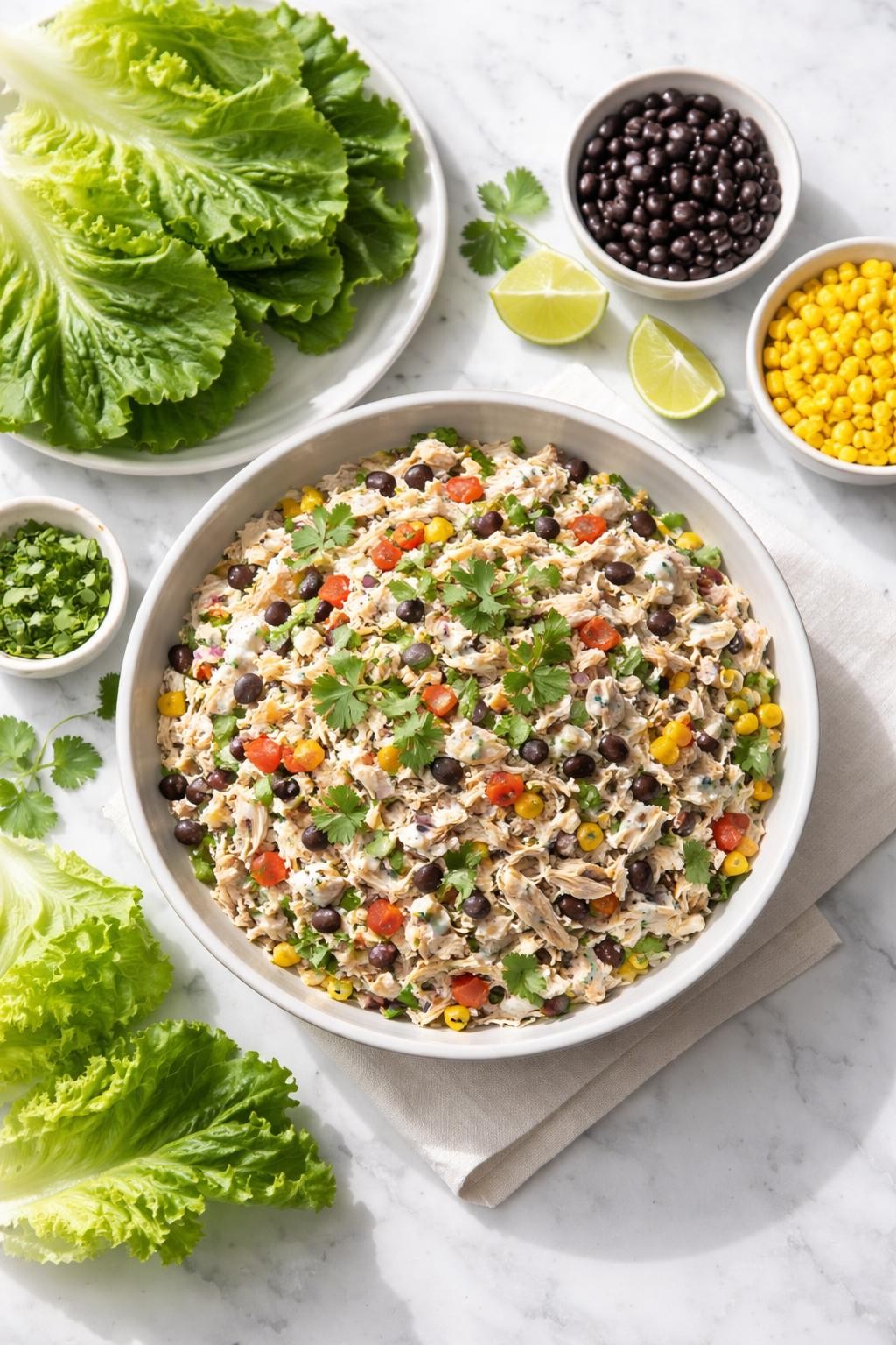 Image Prompt: Realistic top-down editorial food photography of Mexican Greek yogurt chicken salad on a white marble countertop, shredded chicken mixed with Greek yogurt, corn, black beans, cilantro, lime juice, and diced peppers, served in a bowl with lettuce cups nearby, bright natural daylight, fresh homemade lunch mood, no people, no hands, no text, no watermarks, no props with writing.