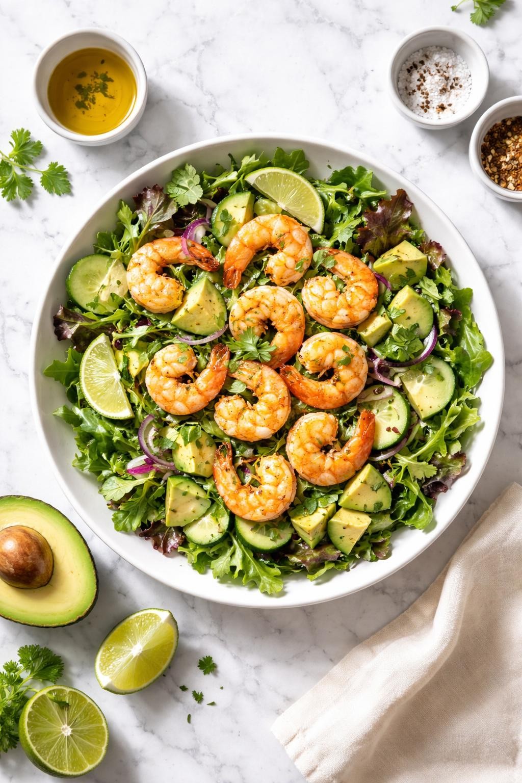 Image Prompt: Realistic top-down editorial food photography of a keto shrimp avocado salad on a white marble countertop, filled with cooked shrimp, avocado, cucumber, mixed greens, lime wedges, and fresh herbs, fresh filling homemade lunch mood, bright natural daylight, soft shadows, clean editorial composition, high detail, realistic texture, no people, no hands, no text, no watermarks, no props with writing.