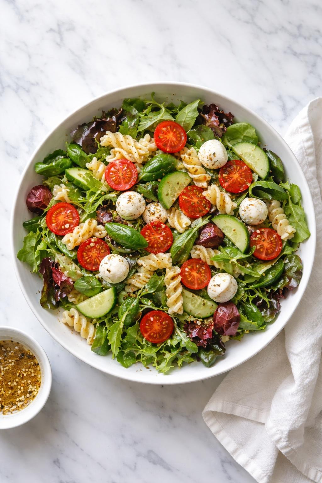 Image Prompt: Realistic top-down editorial food photography of a spring mix pasta salad bowl on a white marble countertop, filled with spring mix greens, cooked pasta, cherry tomatoes, mozzarella balls, cucumber, and Italian dressing, fresh everyday homemade meal styling, soft natural daylight, clean editorial composition, high detail, realistic texture, no people, no hands, no text, no watermarks, no props with writing.