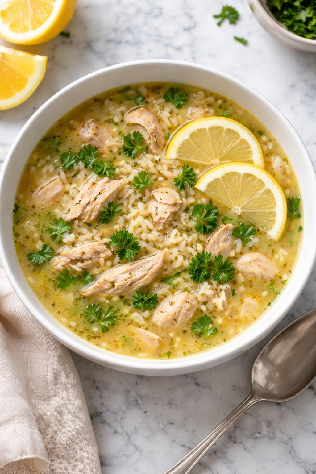 Image Prompt: Realistic top-down editorial food photography of lemon chicken thigh soup in a white bowl on a clean white and gray marble countertop, light golden broth with shredded chicken thighs, rice, lemon slices, and fresh parsley, bright cozy homemade meal styling, natural window lighting, no people, no hands, no text, no watermarks, no props with writing.