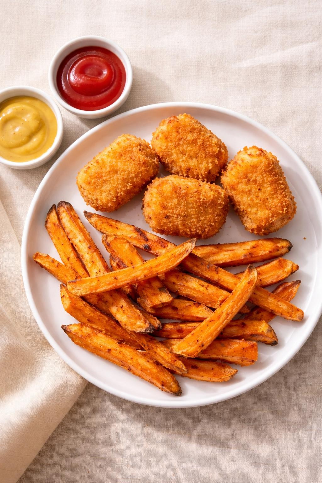 Photo prompt: Realistic top-down editorial food photography of a white plate with four golden-brown baked chicken nuggets and a handful of crispy sweet potato fries. A small bowl of ketchup and honey mustard. Soft natural light, kid-approved homemade dinner mood, no people, no hands, no text, no watermarks, no props with writing.