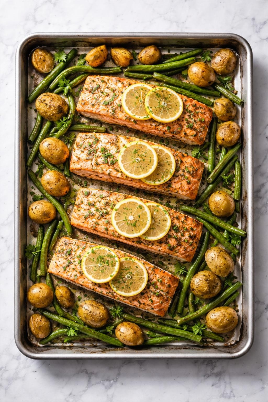 Image Prompt: Realistic top-down editorial food photography of baked salmon and potatoes on a sheet pan placed on a clean white and gray marble countertop, flaky salmon fillets with roasted baby potatoes and green beans, lightly seasoned with herbs and lemon slices, fresh homemade dinner mood, soft natural window lighting, clean composition, high detail, realistic food texture, no people, no hands, no text, no watermarks, no props with writing.