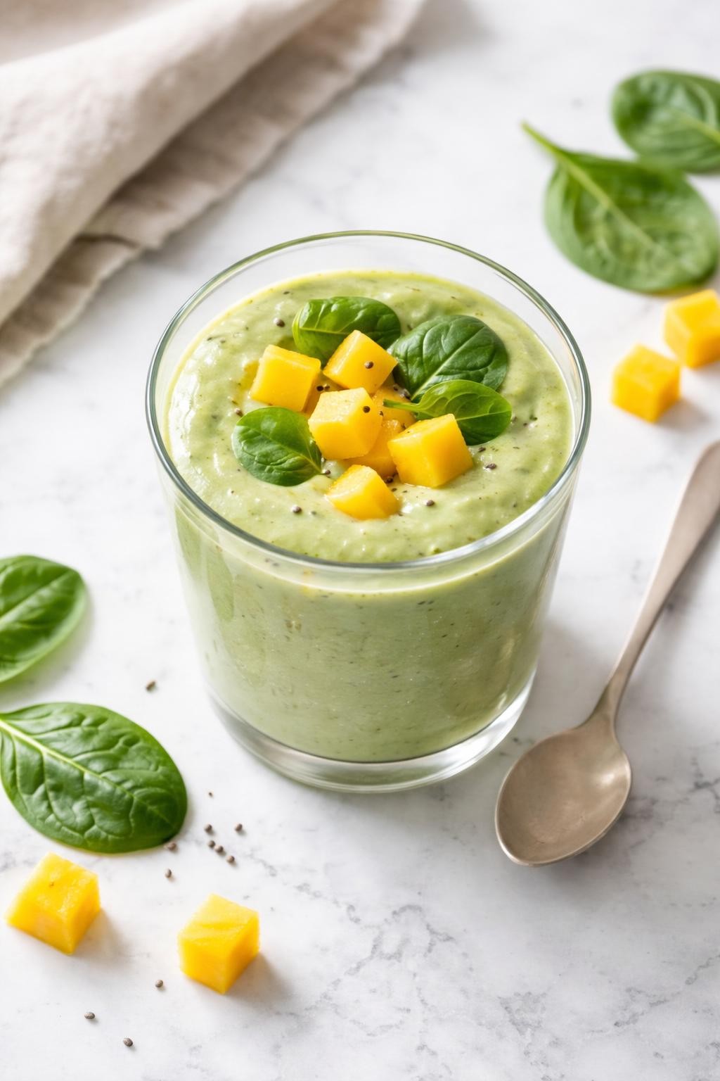 Realistic top-down editorial food photography of a creamy mango spinach green smoothie in a simple clear glass on a white marble countertop. The smoothie is a soft green shade with a rich smooth texture, styled with mango cubes, fresh spinach leaves, and a small neutral spoon nearby without writing. Bright natural light, clean fresh breakfast styling, high detail, realistic smoothie texture, no people, no hands, no text, no watermarks.