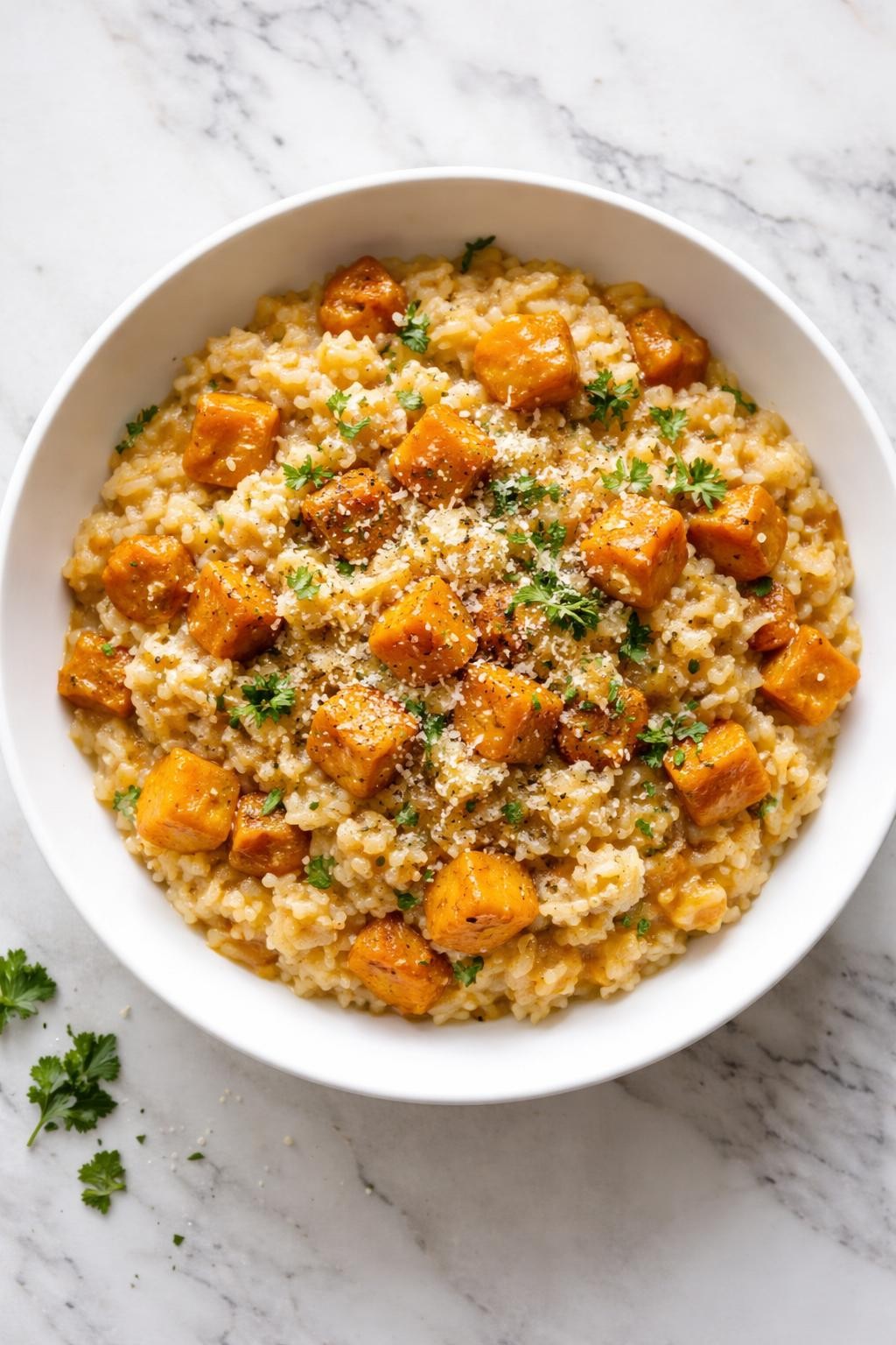Image Prompt: Top-down realistic food photography of roasted butternut squash vegan risotto in a white bowl on a clean marble countertop, creamy arborio rice mixed with golden roasted squash cubes and herbs, rich glossy texture, cozy homemade fall dinner mood, bright natural window lighting, clean editorial styling, high detail, no people, no hands, no text, no watermarks, no props with writing.