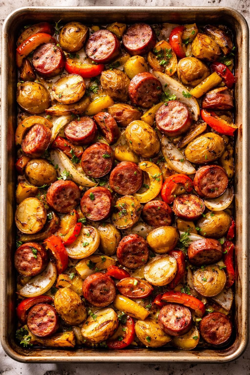 Photo prompt: Realistic top-down editorial food photography of a sheet pan with sliced smoked sausage, baby potatoes, bell peppers, and onions, all roasted until caramelized. Fresh parsley scattered. Warm natural light, easy one-pan dinner mood, no people, no hands, no text, no watermarks, no props with writing.